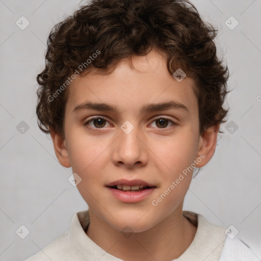 Joyful white child male with short  brown hair and brown eyes