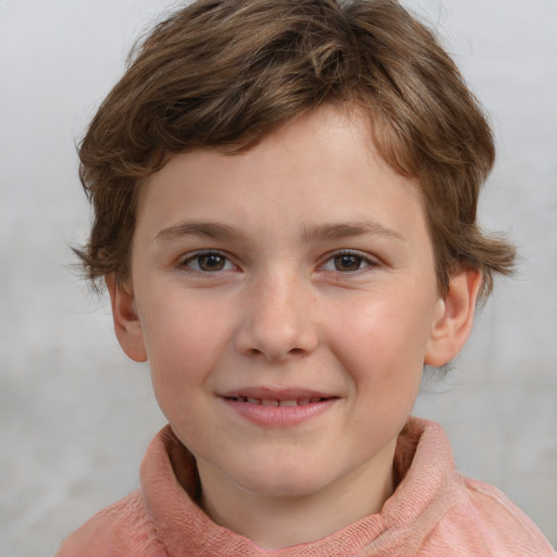 Joyful white child female with medium  brown hair and grey eyes