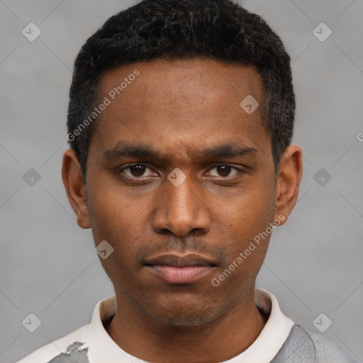 Neutral latino young-adult male with short  black hair and brown eyes