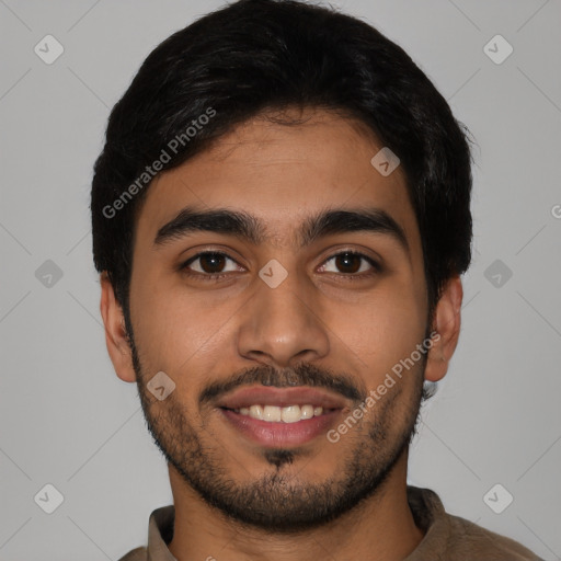 Joyful latino young-adult male with short  black hair and brown eyes