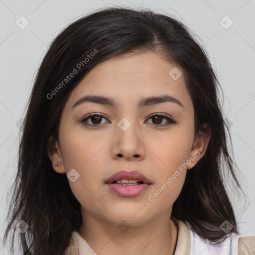 Neutral asian young-adult female with medium  brown hair and brown eyes