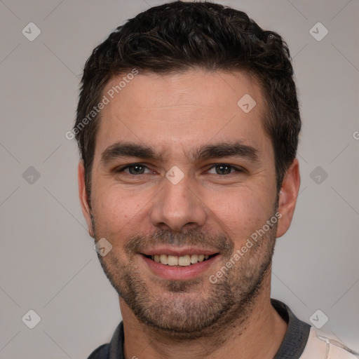 Joyful white young-adult male with short  brown hair and brown eyes