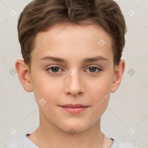 Joyful white child female with short  brown hair and brown eyes