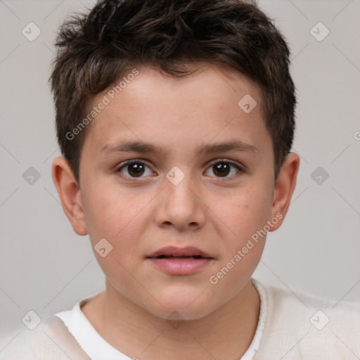 Joyful white child male with short  brown hair and brown eyes