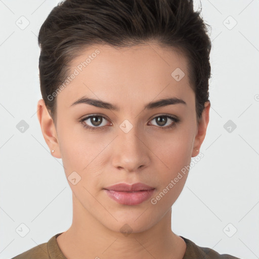 Neutral white young-adult female with short  brown hair and brown eyes