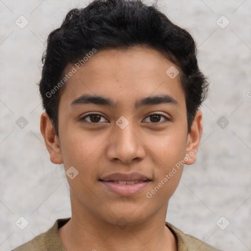 Joyful latino young-adult male with short  brown hair and brown eyes