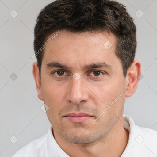 Neutral white adult male with short  brown hair and brown eyes