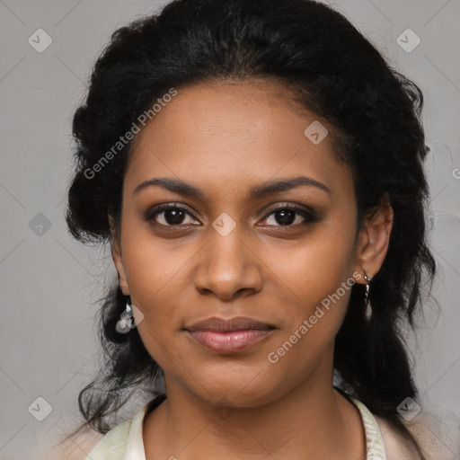 Joyful black young-adult female with medium  black hair and brown eyes