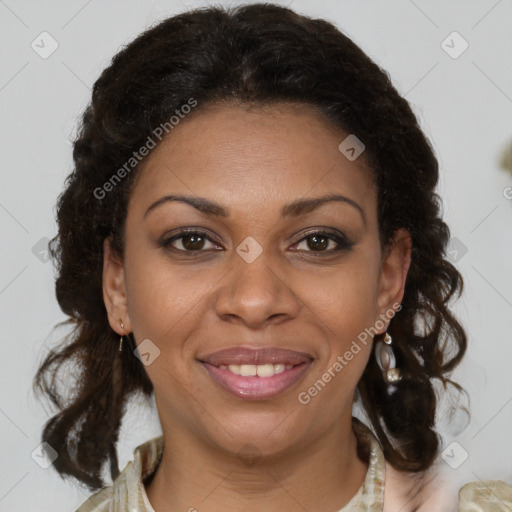 Joyful latino adult female with medium  brown hair and brown eyes