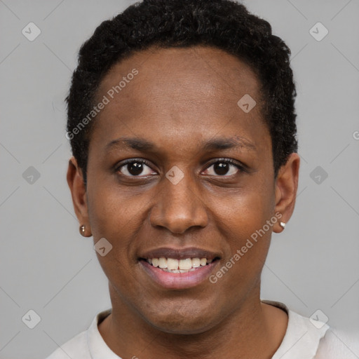 Joyful black young-adult male with short  black hair and brown eyes