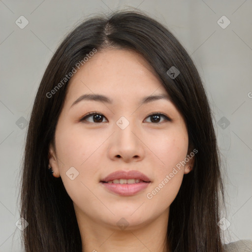 Neutral asian young-adult female with long  brown hair and brown eyes