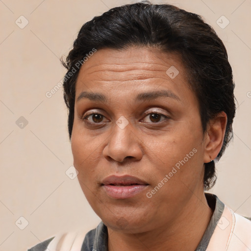 Joyful white adult female with short  brown hair and brown eyes