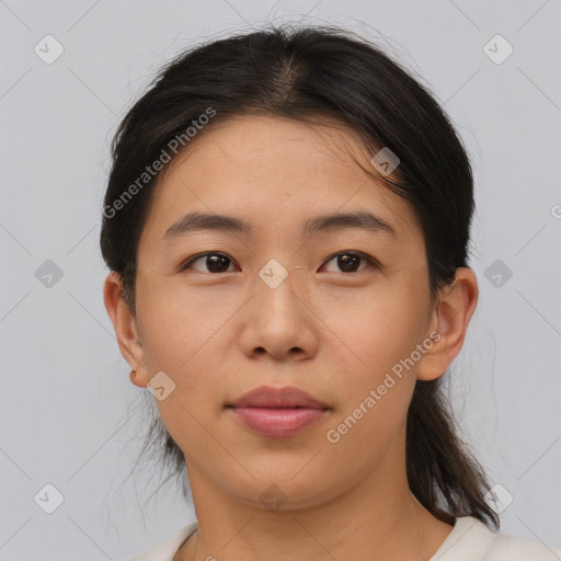 Neutral asian young-adult female with medium  brown hair and brown eyes