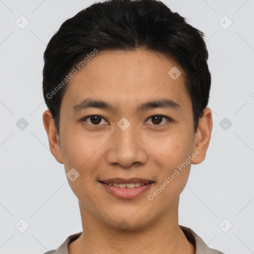 Joyful latino young-adult male with short  black hair and brown eyes