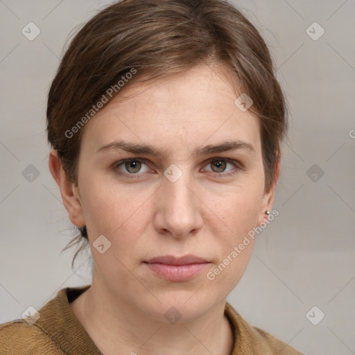 Neutral white young-adult female with medium  brown hair and grey eyes