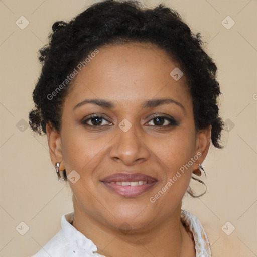 Joyful latino young-adult female with short  brown hair and brown eyes