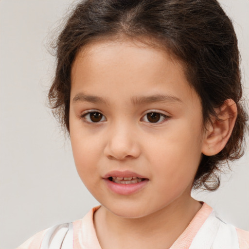 Joyful white child female with medium  brown hair and brown eyes