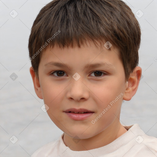 Joyful white child male with short  brown hair and brown eyes