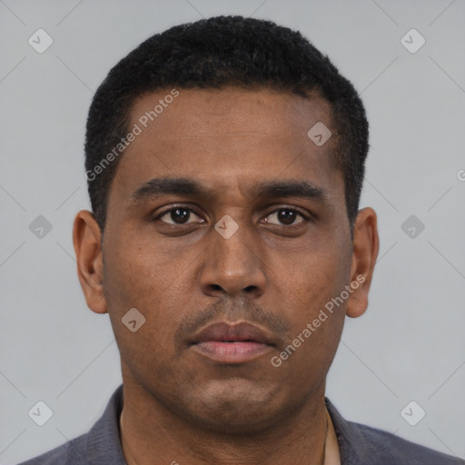 Neutral latino young-adult male with short  black hair and brown eyes