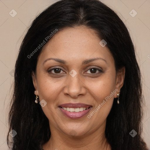 Joyful white adult female with long  brown hair and brown eyes