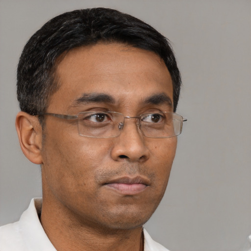 Neutral asian adult male with short  black hair and brown eyes