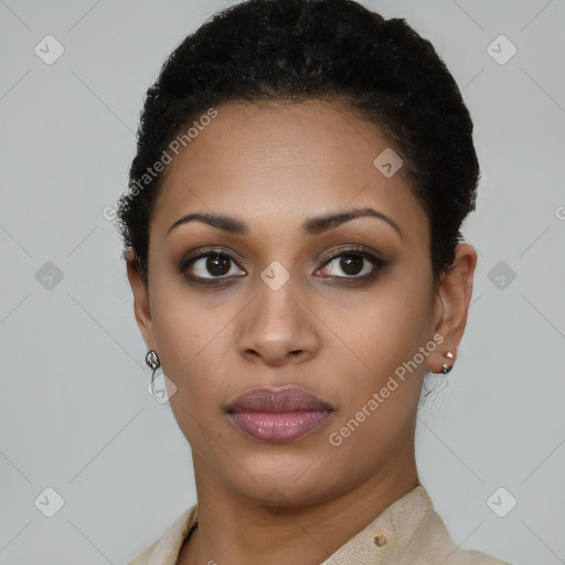 Neutral black young-adult female with short  black hair and brown eyes