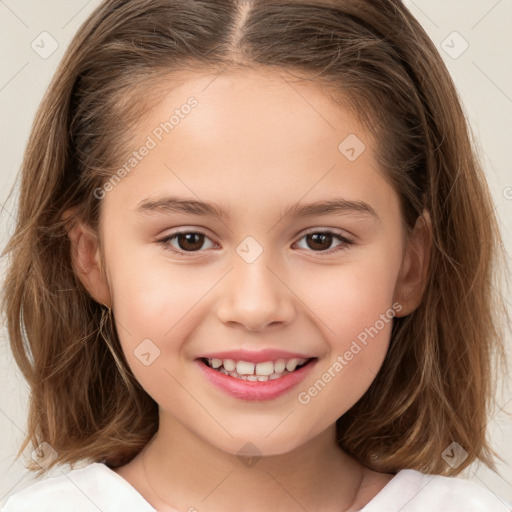 Joyful white child female with medium  brown hair and brown eyes