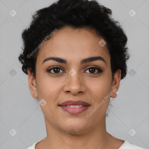 Joyful latino young-adult female with short  brown hair and brown eyes