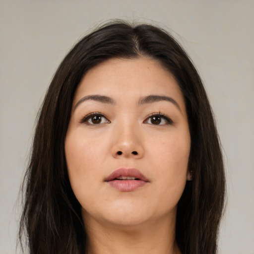 Neutral asian young-adult female with long  brown hair and brown eyes