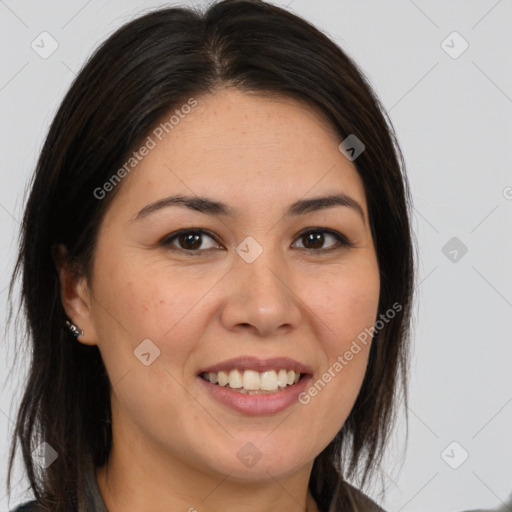 Joyful white young-adult female with medium  brown hair and brown eyes