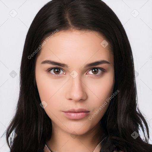 Neutral white young-adult female with long  brown hair and brown eyes