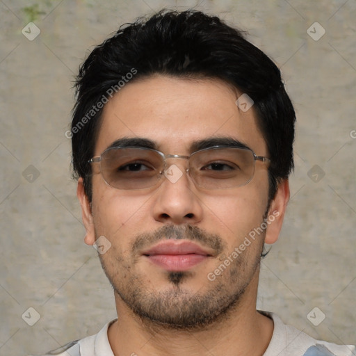 Neutral asian young-adult male with short  black hair and brown eyes