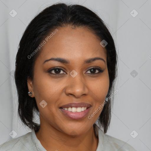 Joyful black young-adult female with medium  brown hair and brown eyes