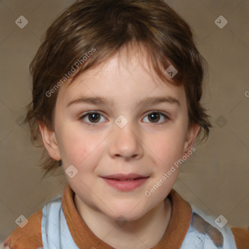 Joyful white child female with medium  brown hair and brown eyes