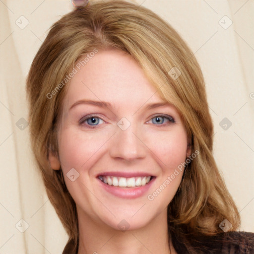 Joyful white young-adult female with long  brown hair and blue eyes