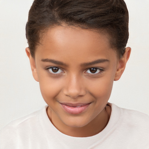 Joyful white child female with short  brown hair and brown eyes