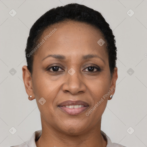 Joyful latino adult female with short  brown hair and brown eyes