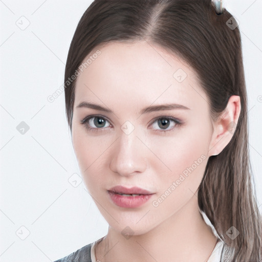 Neutral white young-adult female with medium  brown hair and brown eyes