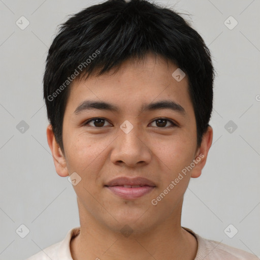 Joyful asian young-adult male with short  black hair and brown eyes