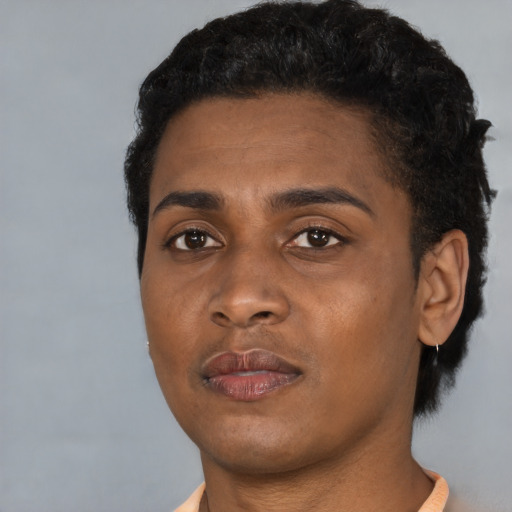Neutral black young-adult male with short  black hair and brown eyes