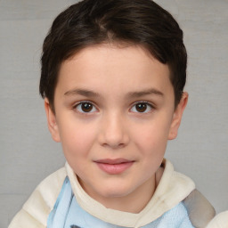 Joyful white child female with short  brown hair and brown eyes