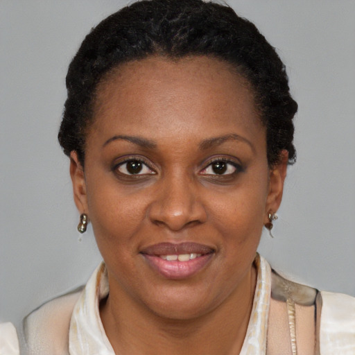 Joyful black adult female with short  brown hair and brown eyes