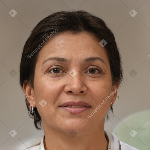 Joyful white adult female with short  brown hair and brown eyes