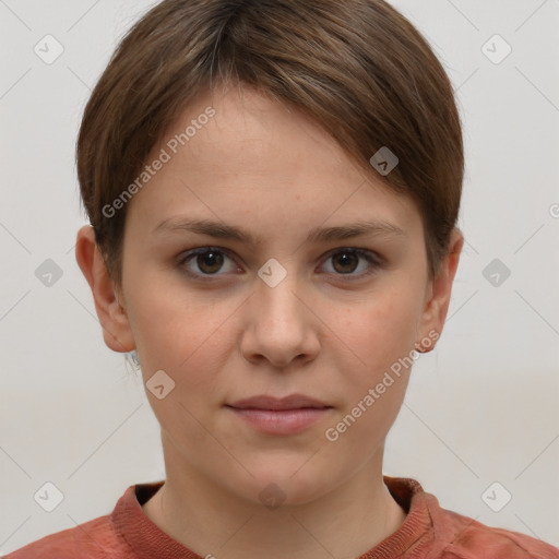 Joyful white young-adult female with short  brown hair and grey eyes