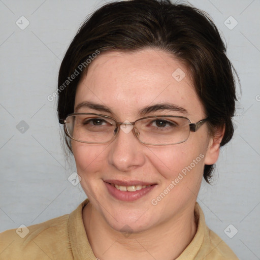 Joyful white adult female with medium  brown hair and brown eyes