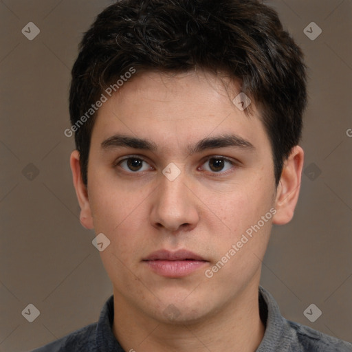 Neutral white young-adult male with short  brown hair and brown eyes