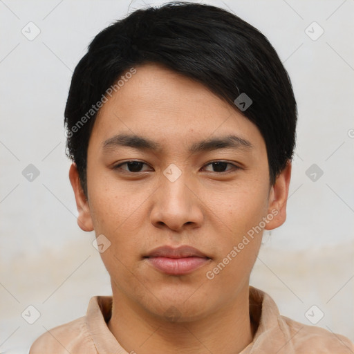 Neutral asian young-adult male with short  black hair and brown eyes