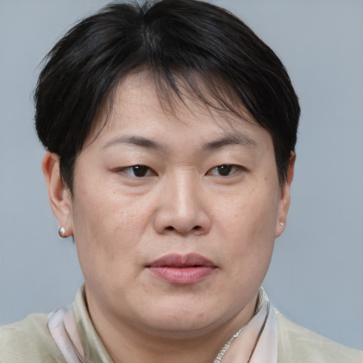 Joyful asian adult female with short  brown hair and brown eyes
