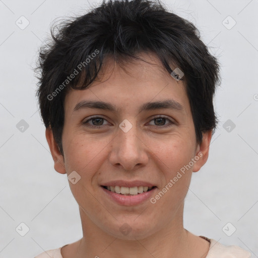 Joyful white young-adult female with short  brown hair and brown eyes