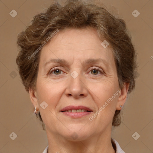 Joyful white adult female with short  brown hair and brown eyes